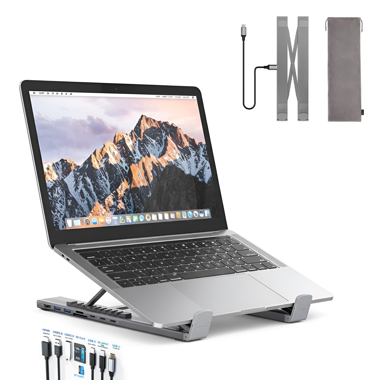 اولین موج DockHub 8-in-1 لپتاپ استند و ایستگاه داک USB-C | ریزر تنظیم‌پذیر با HDMI 4K، PD 100W، USB 3.0، خواننده کارت SD/TF، هاب چندپورت برای MacBook Pro/Dell/HP/Lenovo، پلاگ و پلی کنید