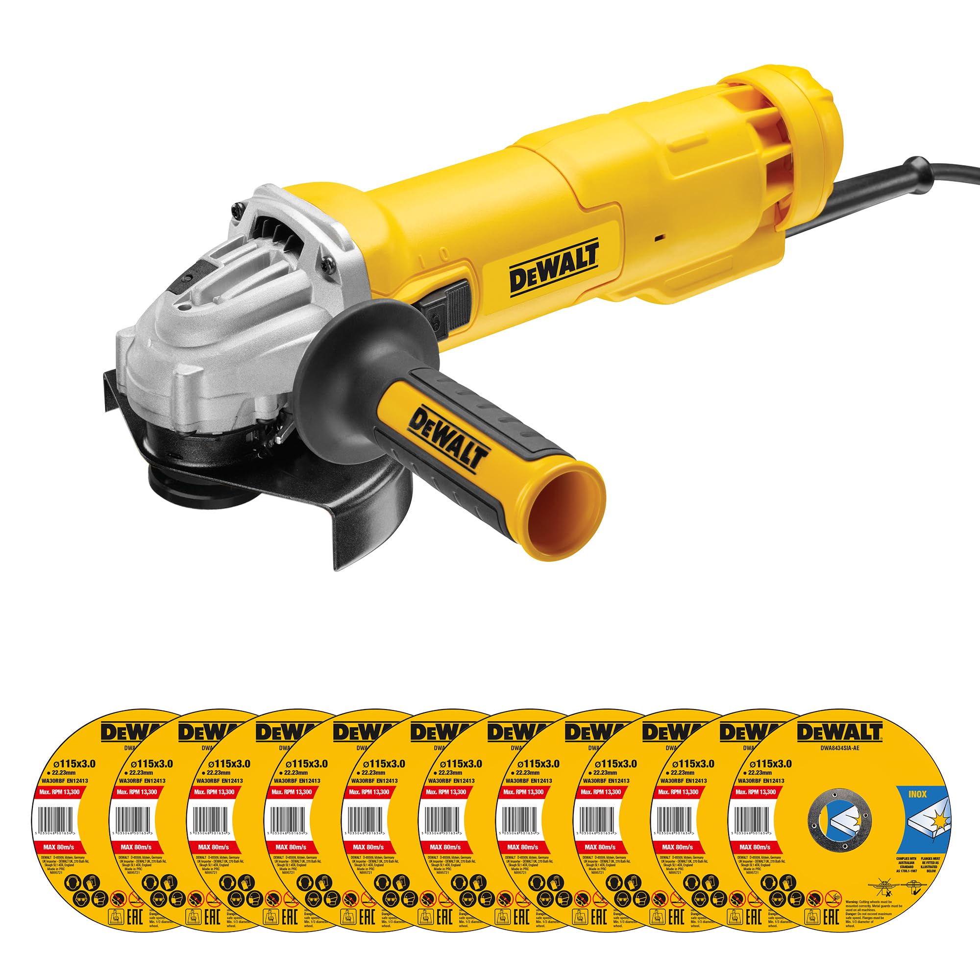 DEWALT DWE4215 یک کیت سنگ تراش زاویه‌ای 1200 واتی با قطر 4.5 اینچ (115 میلی‌متر) است که شامل 10 دیسک برش اینوکس، سیستم اخراج گرد و غبار، دسته ضد لرزش، محافظ و لوازم جانبی می‌باشد. این مجموعه ابزار قدرت برش فلزی شامل ست Angle Grinder DWE4215ACE-B5 و 10 دیسک می‌باشد.