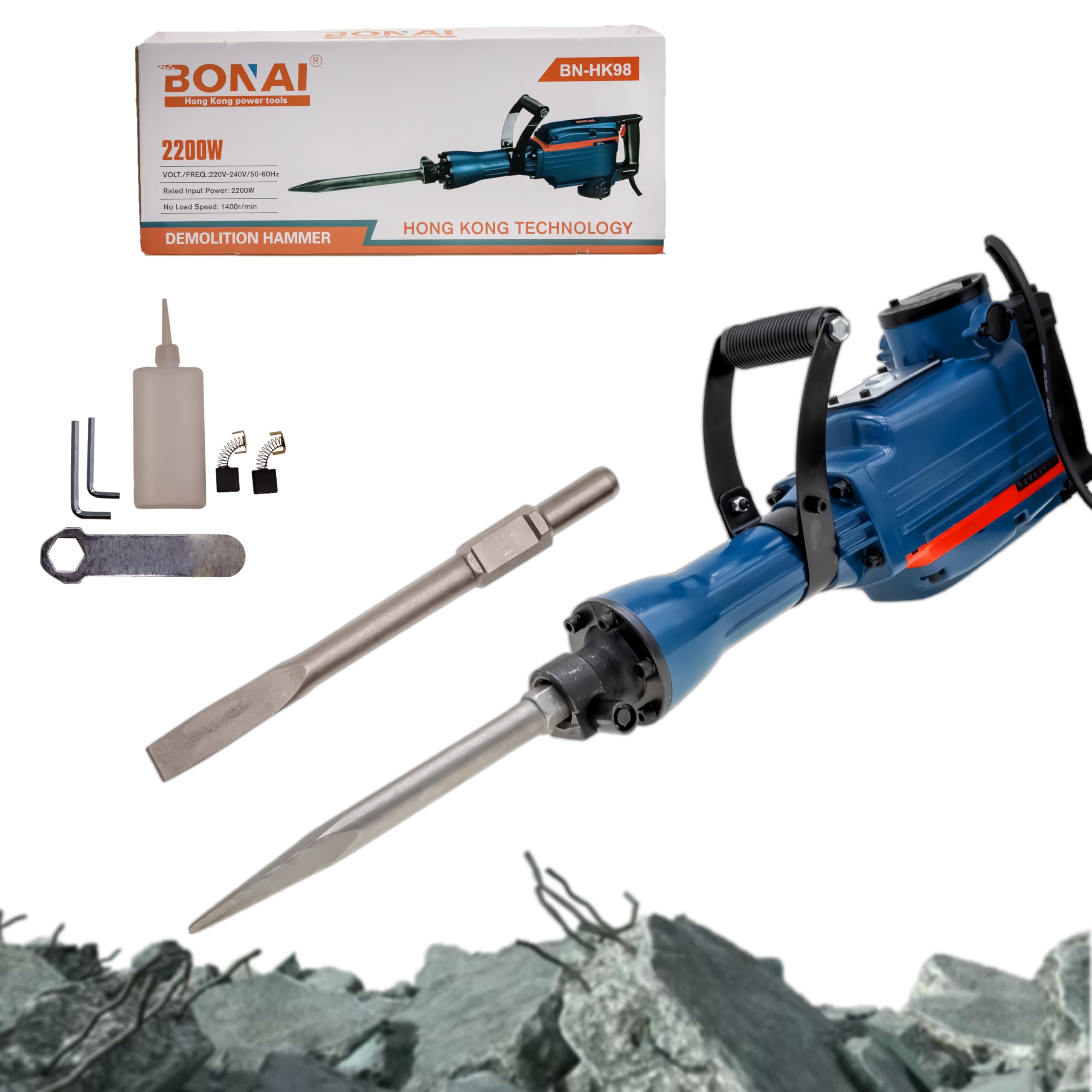 Bonai 2200 وات دمولیشن ژک هامر BN-HK98، خردکن بتن و کاشی برقی، ابزار قدرتی صنعتی سنگین، 1400 دور در دقیقه با قیچی‌ها و کیس قابل حمل