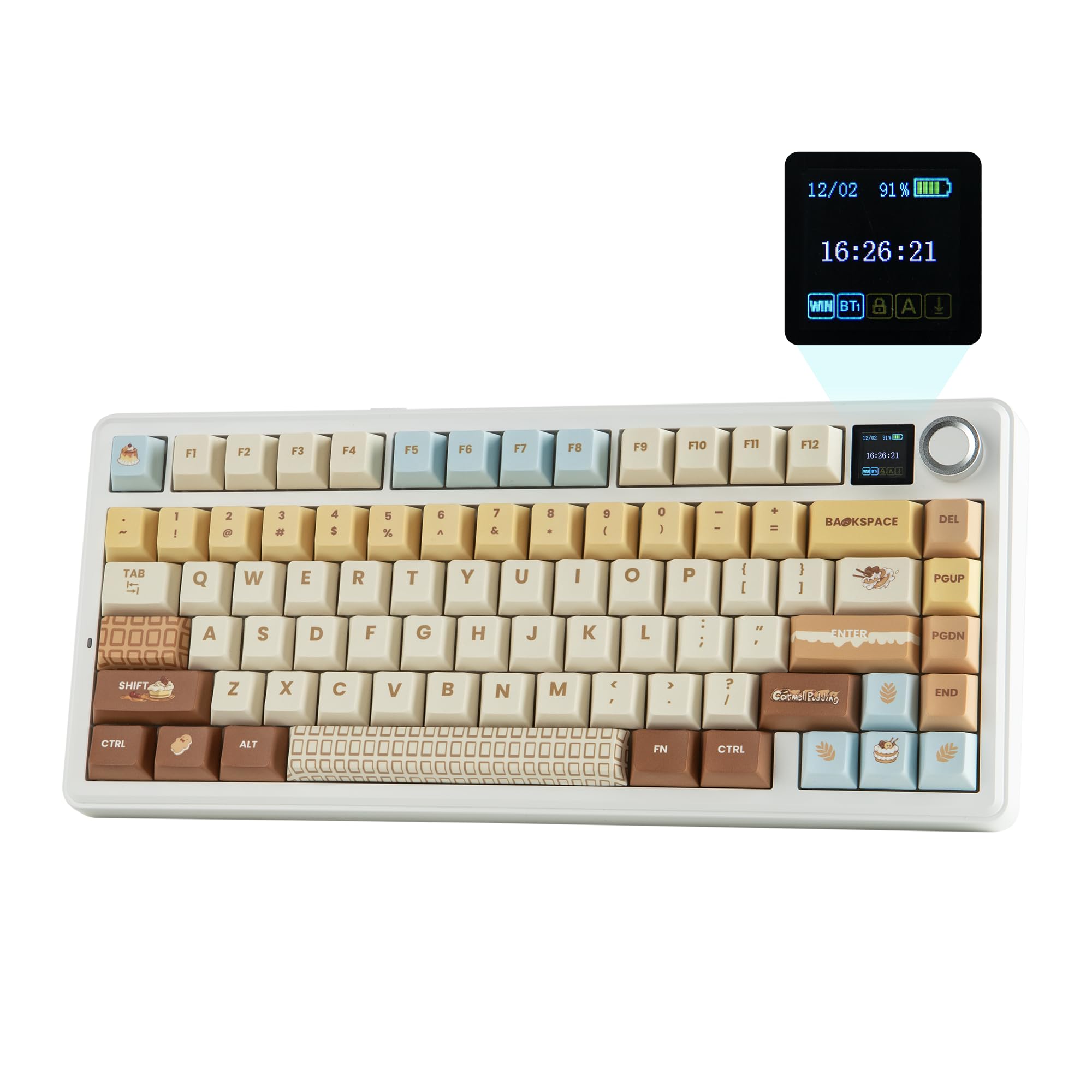 کیبورد بازی بی‌سیم EPOMAKER X AULA F75 MAX با سه حالت، صفحه نمایش TFT، دسته، قابل تعویض به راحتی، فرکانس 2.4 گیگاهرتز/Type-C/BT5.0، با گسکت‌های کرمی، مناسب برای کاربری در کامپیوتر/مک/دفتر کار/بازی (کارامل)