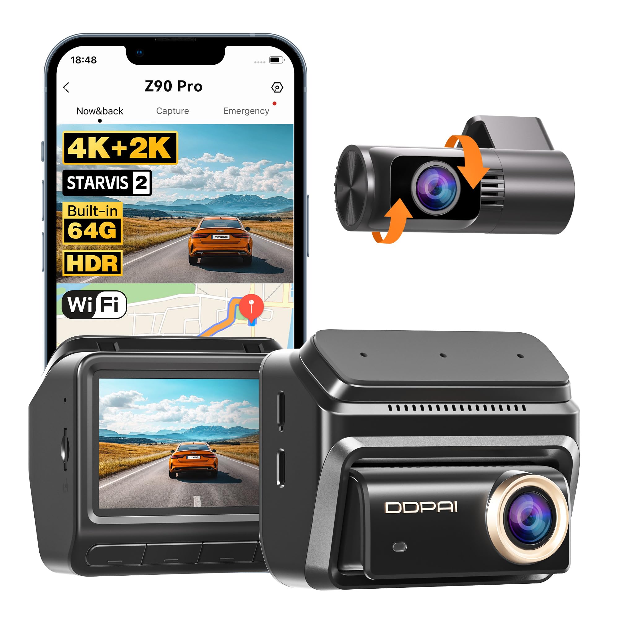 دوربین خودرو 4K + 2K DDPAI، دوربین داش HDR دوگانه STARVIS 2 IMX678، دوربین خودرو رایگان 64 گیگابایتی eMMC جلو و عقب، 60 فریم در ثانیه، وای فای 5G، GPS، صفحه نمایش IPS 3 اینچ، دید در شب هوش مصنوعی ISP ، حالت پارکینگ 24 ساعته، 4G قابل دسترس، Z90 Pro