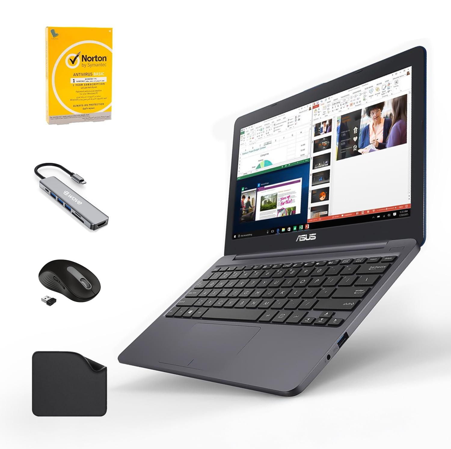 لپ تاپ ASUS VivoBook E12 E203NA با نمایشگر 11.6 اینچی HD | Intel Celeron N3350 | 4GB RAM | 256GB فضای ذخیره‌سازی (128GB eMMC + 128GB کارت حافظه MicroSD)، ویندوز 10، صفحه کلید انگلیسی/فرانسوی | شامل هاب Wave 7-in-1 اولین نسل، آنتی‌ویروس، موس و پد