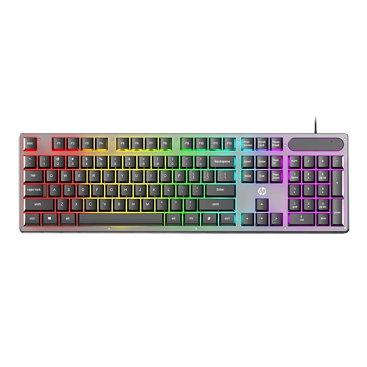 کیبورد گیمینگ First Wave HP K100 | باسیم USB | LED پشت‌نورد | ۱۰۴ کلید | پنل فلزی، قابل تنظیم در ارتفاع، مقاوم در برابر زنگ و خش | کلیدهای 2.0 میلیمتری، میانبر FN، کابل 1.6 متری | ویندوز، گارانتی ۱ ساله