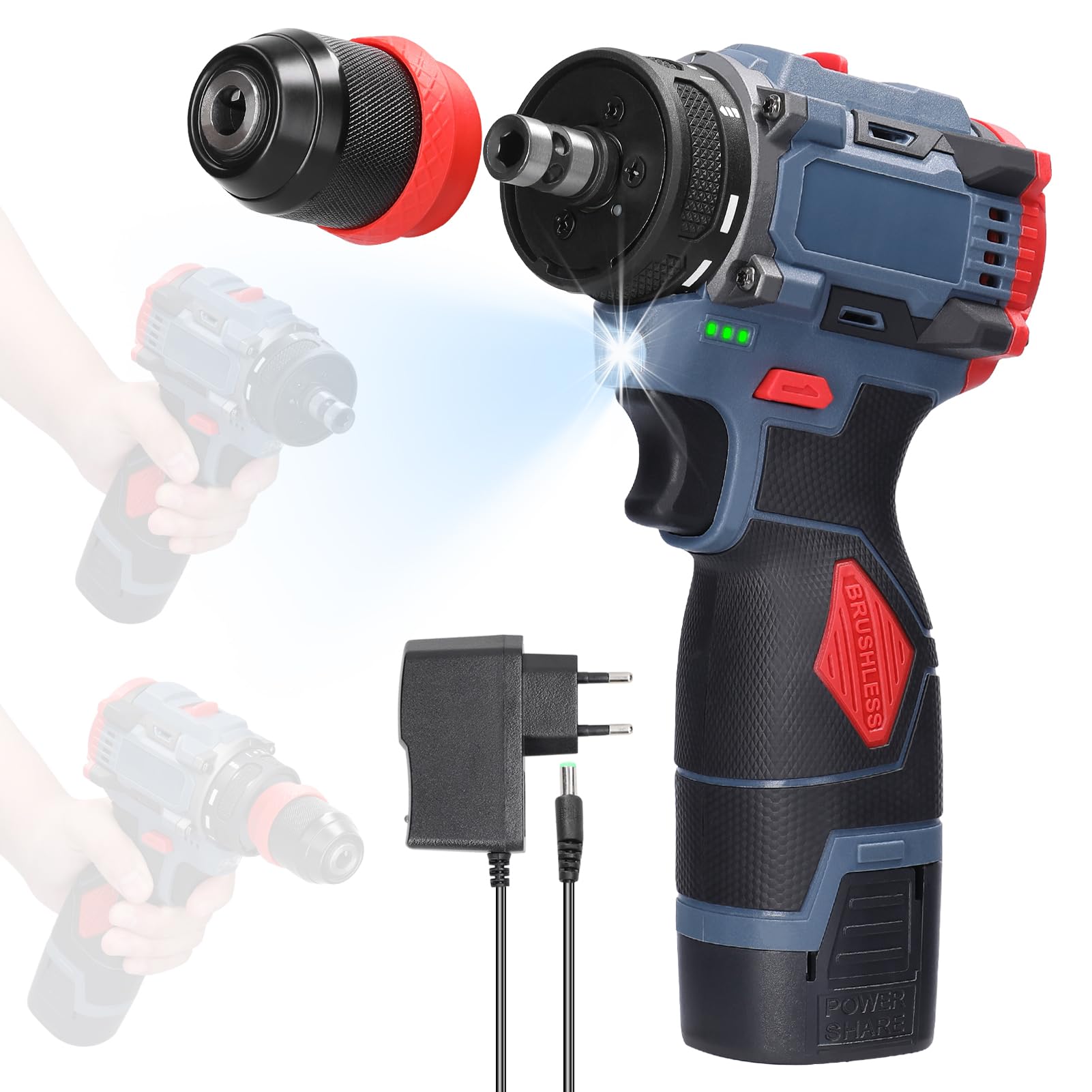 دریل لیتیوم ۲ در ۱، پیچ گوشتی برقی چند منظوره ابزار قدرتی ۱۶٫۸ ولت ۴۵ نیوتن متر گشتاور موتور بدون ترقیق با چراغ LED سیستم خنک کننده برای نصب ابزارهای خانگی، مبلمان، خودرو و الکترونیک‌های تعمیراتی