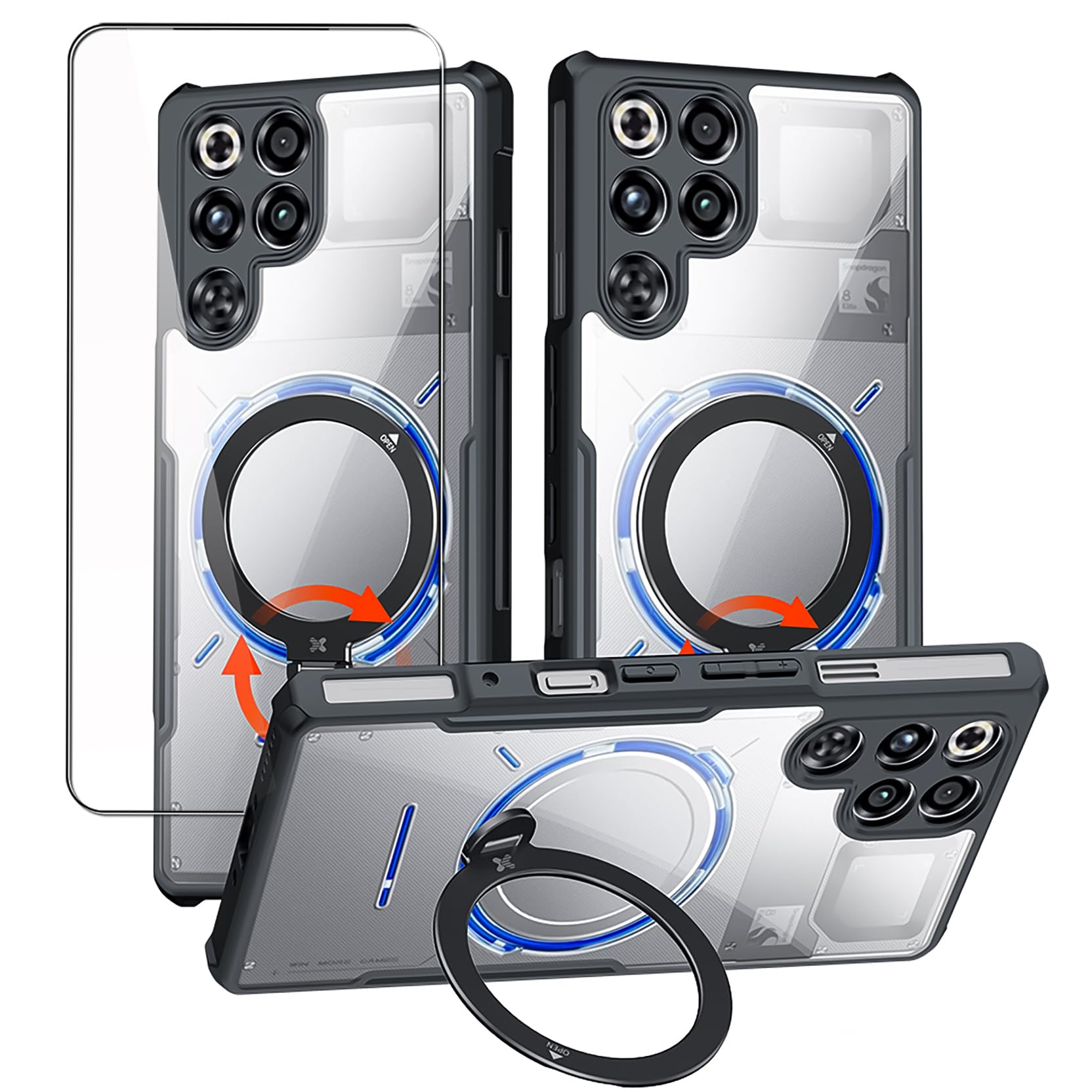 برای ZTE Nubia Red Magic 11 Pro / 11 Pro+ مورد و صفحه نمایش محافظتی، لوازم جانبی، پایه نگهدارنده حلقه 360 درجه TPU + PC، پوشش پشتی ضدضربه، قاب پشتی شفاف مات ضداثر انگشت Red Magic 11 Pro / 11 Pro و شیشه سیاه شفاف