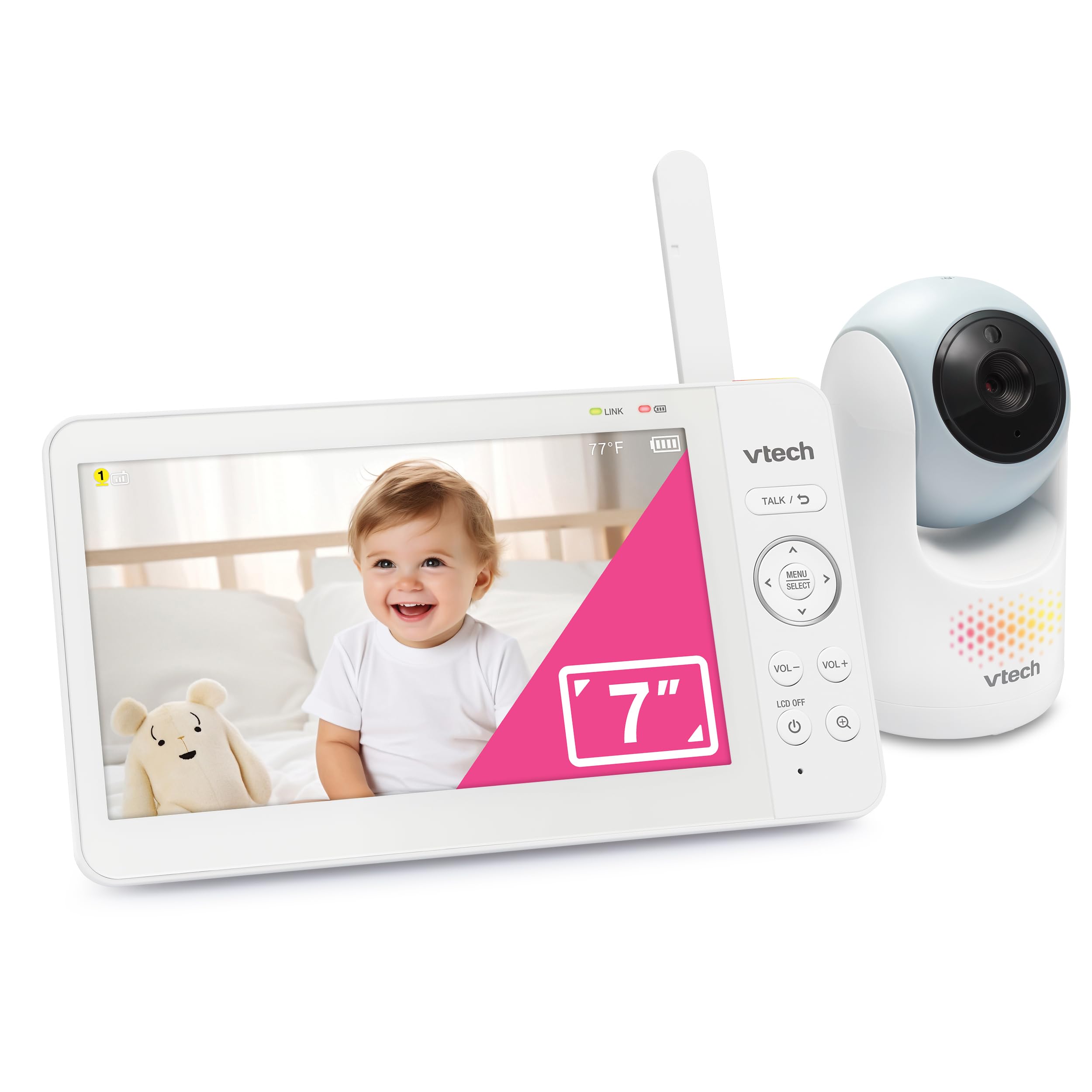 دوربین نظارتی ویدئویی VTech با صفحه نمایش LCD رنگی 7 اینچ، باتری قابل شارژ، پخش ویدئو، پخش صدا، چرخش و زوم، چراغ شب چند رنگ لمسی، صحبت دو طرفه، برد بلند: پیشرفته Max Blue 7 اینچ 1 دوربین آبی