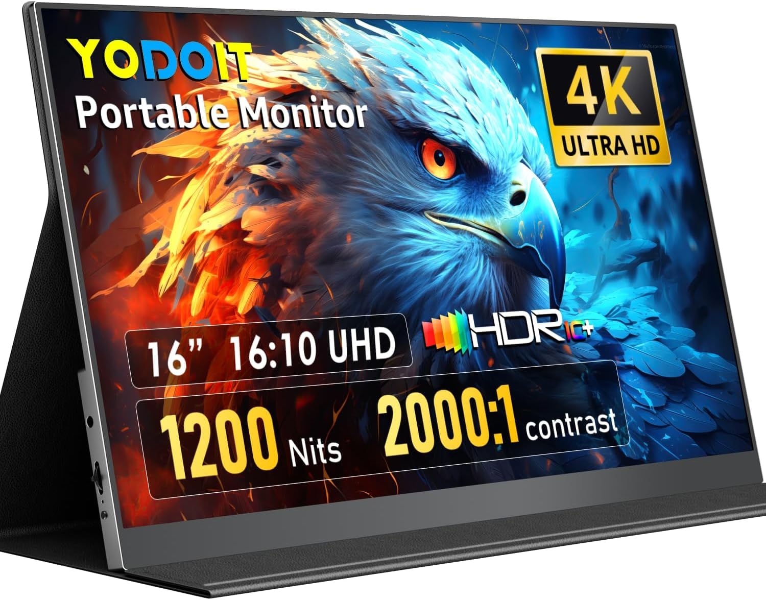 Yodoit Portable Monitor 16" 4K, 3840 x 2400 UHD 1200 Nits Screen with Smart Cover, IPS Display with Type C, Mini-HDMI, Built-in Speakers, Compatible with PC, Laptop, MacBook, PS3/4/5