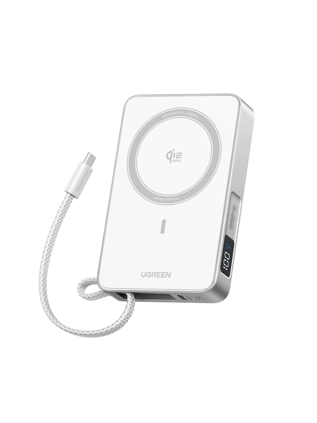 پاور بانک UGREEN Magsafe Qi2 25W، 10000mAh شارژر قابل حمل بی‌سیم دارای کابل USB-C 30W داخلی، شارژ مغناطیسی برای آیفون 17/16/15، سازگار با آیفون، ایرپاد، شیائومی، سامسونگ، مجسمه سری مگفلو رنگ سفید