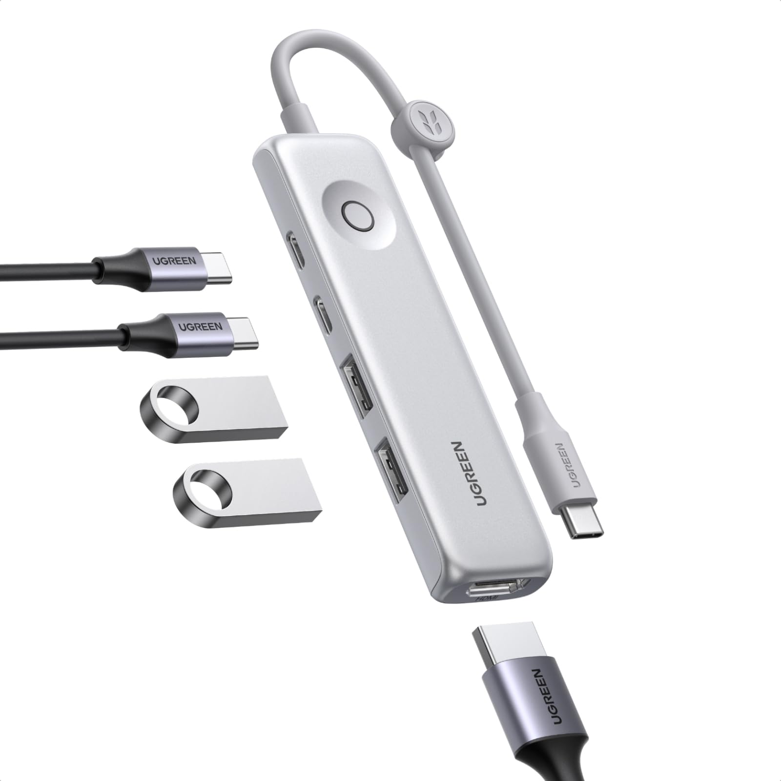 هاب 5 در 1 یوجین با قابلیت خاموشی یک کلیده، HDMI 4K@60Hz، PD 100 وات، USB-C 10Gbps و 2x USB-A 2.0، ذخیره‌سازی کابل داخلی - آداپتور چندپورت Type C برای لپتاپ، تلفن، ویندوز (برای مک‌بوک NEO نیست)