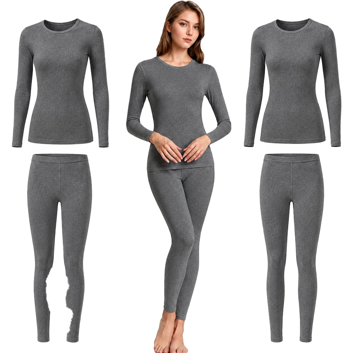 Thermal Underwear for Women Warm Base Layers Soft Long Johns Leggings Fleece Lined Sleepwear Top Bottom Pajama Set Winter Cold Weather Snow Slim Fit Shirts Lightweight Skiing Yoga Training XL Grey-2PCS