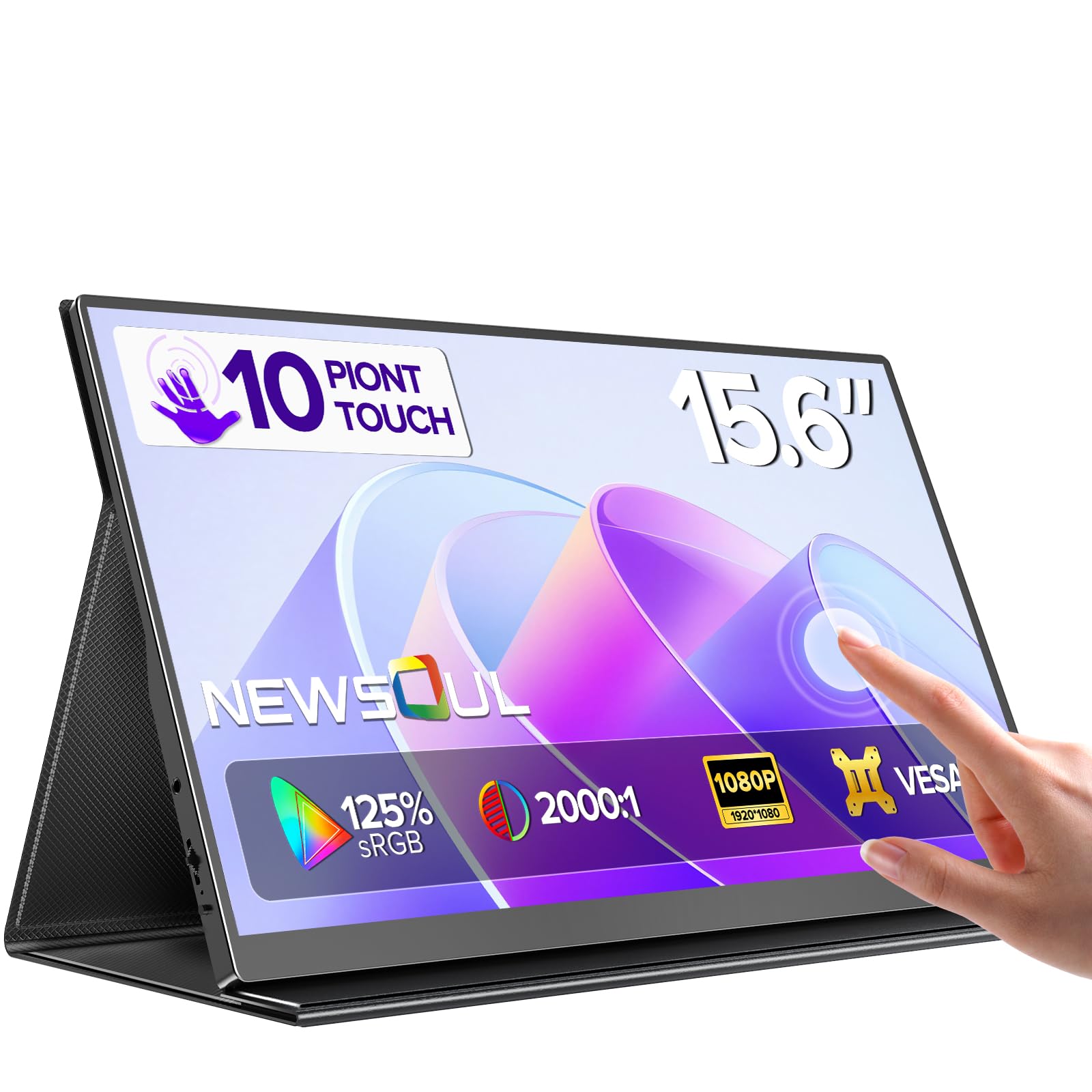 مانیتور قابل حمل لمسی Newsoul 15.6 اینچ، صفحه نمایش لمسی ۱۰-نقطه‌ای IPS FHD ۱۰۸۰P با ۱۲۵٪ sRGB، پورت USB-C و HDMI، مانیتور سفری باریک با کیف هوشمند و پشتیبانی VESA برای لپ‌تاپ، کامپیوتر شخصی و کنسول‌های بازی 15.6 اینچ