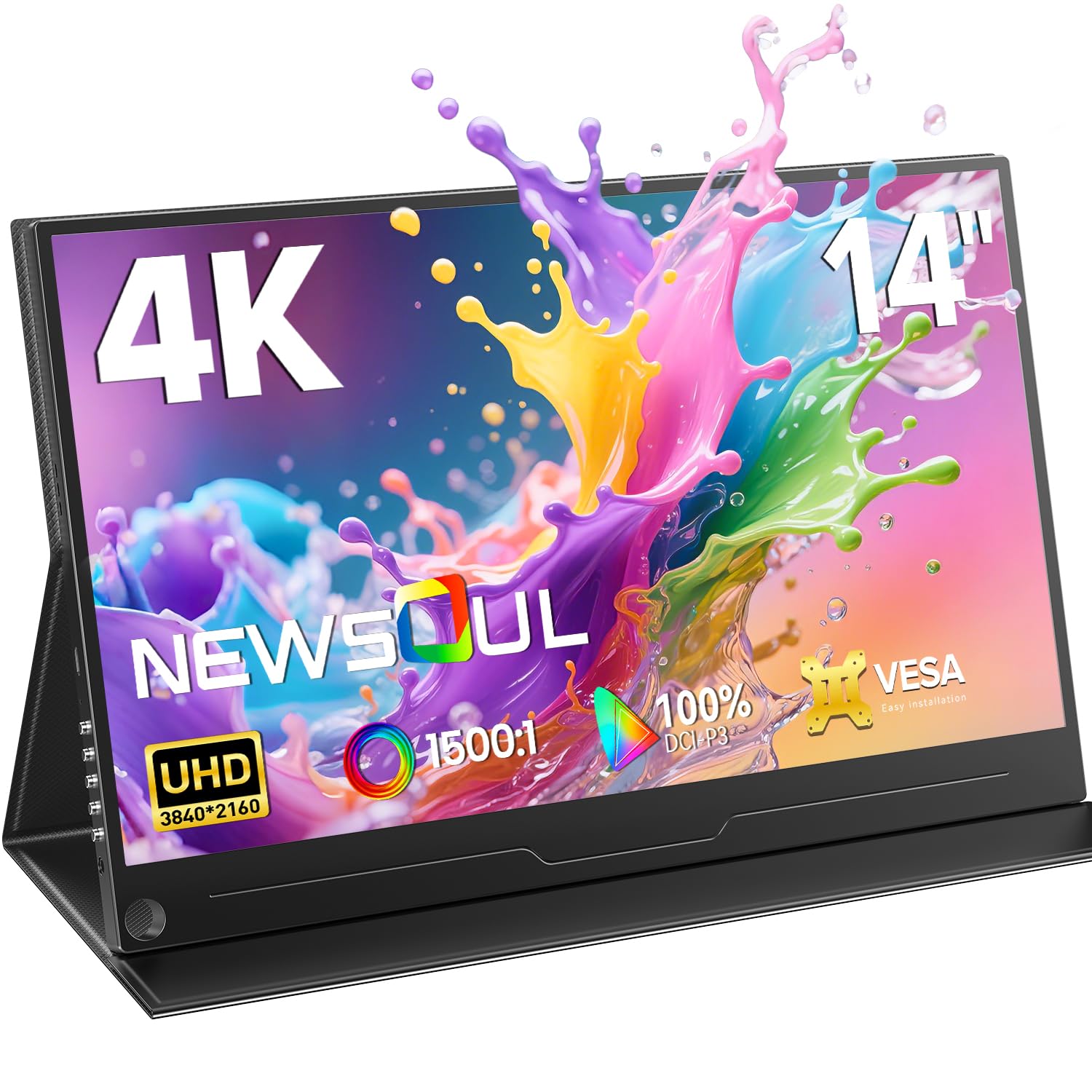 Newsoul Portable Monitor 4K 14'' 1500:1 100% DCI P3 450Nits UHD 3840x2160 Screen, HDMI Standard & 2 Type C Ports, IPS Eye Care Matte Display, VESA and Smart Cover, for PC Laptop Phone Xbo PS