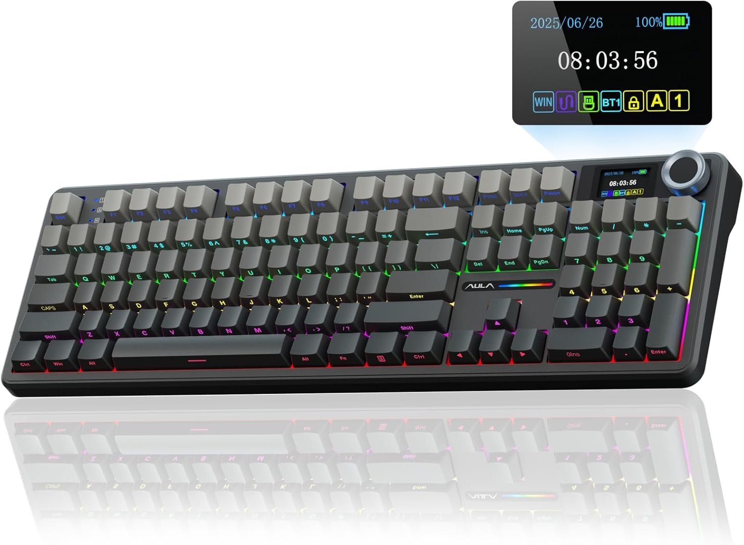 کیبورد گیمینگ مکانیکی AULA F108 PRO با صفحه نمایش و دستگره، کیبورد بی سیم کرمی با باتری ۸۰۰۰mAh، سوئیچ‌های پیش‌روغنی شده، کی‌کپ‌های PBT چاپ‌شده در کنار، نورپردازی RGB، کیبوردهای سفارشی جایگذاری‌پذیر گرم‌اندام