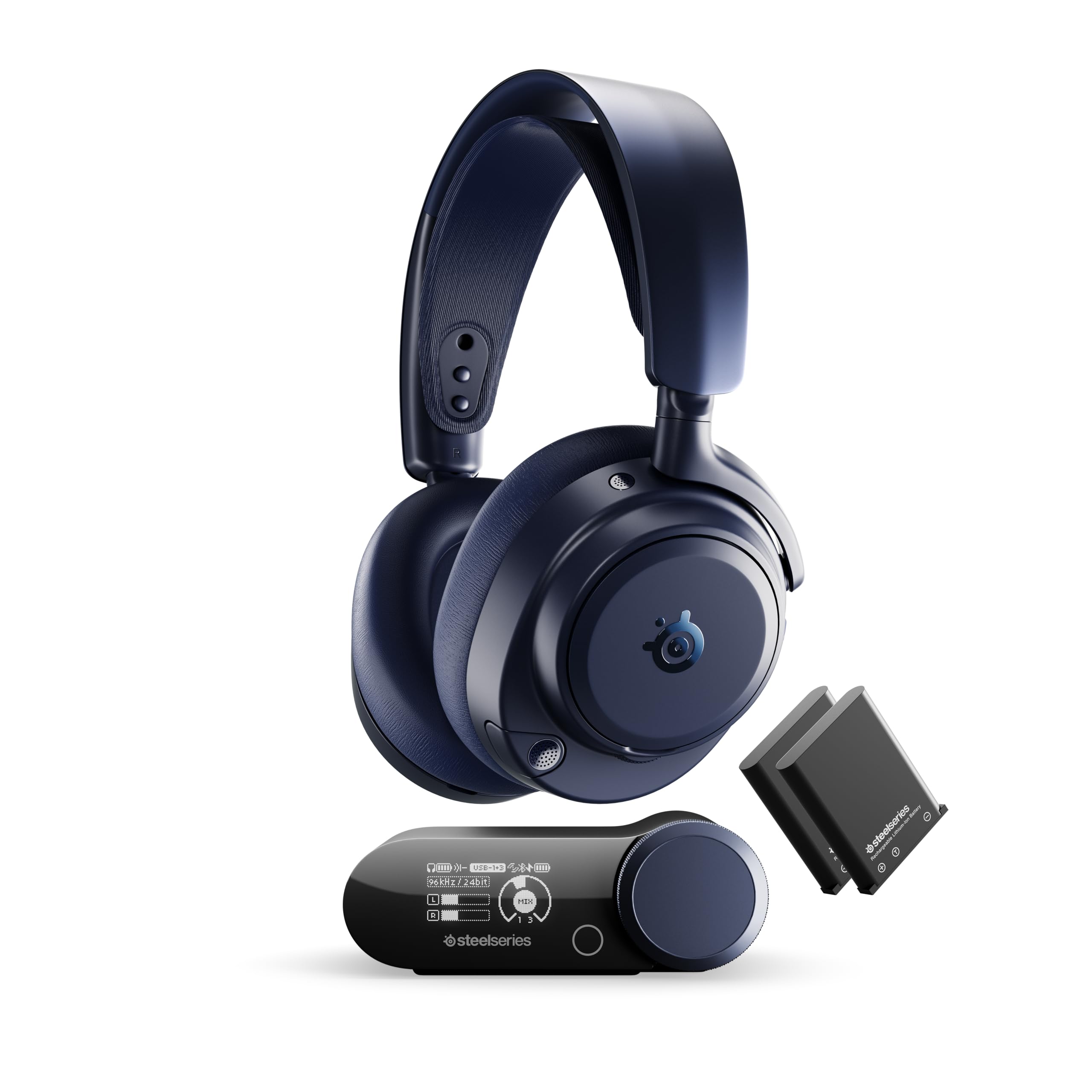 هدست بازی بی‌سیم SteelSeries Arctis Nova Pro Omni - با کیفیت صدای بالا، 96kHz/24bit، ANC، میکروفن ClearCast Pro، ردیابی نویز هوشمند، اپلیکیشن تلفن همراه، ترکیب 2.4 گیگاهرتز + بلوتوث، OmniPlay PC+PlayStation+Xbox - آبی نیمه‌شب