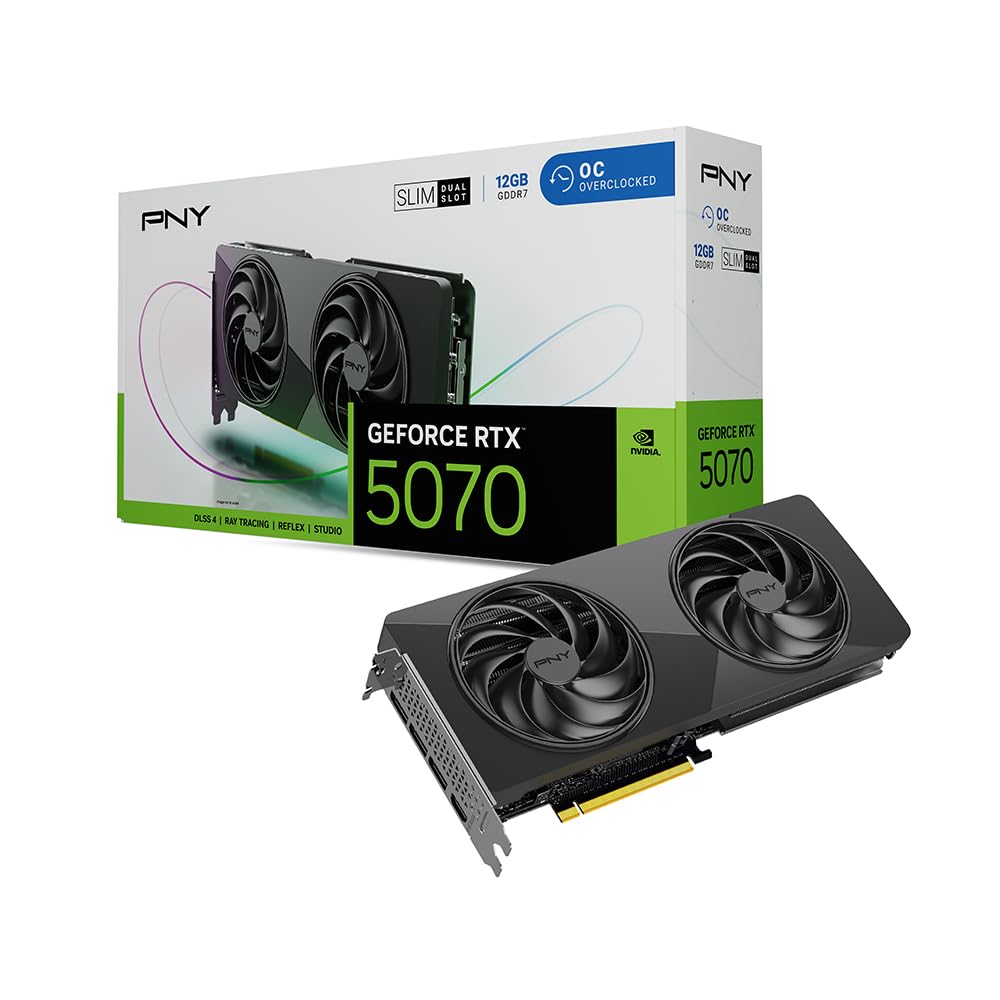 کارت گرافیک PNY NVIDIA GeForce RTX™ 5070 Slim دو فنه، دو اسلات، OC (12GB GDDR7، آماده‌ی SFF، 192 بیتی، سرعت Boost: 2587 مگاهرتز، PCIe® 5.0، HDMI®/DP 2.1، معماری NVIDIA Blackwell، DLSS 4.5) با دو فن و اورکلاک اسلاتی 2-سلنده