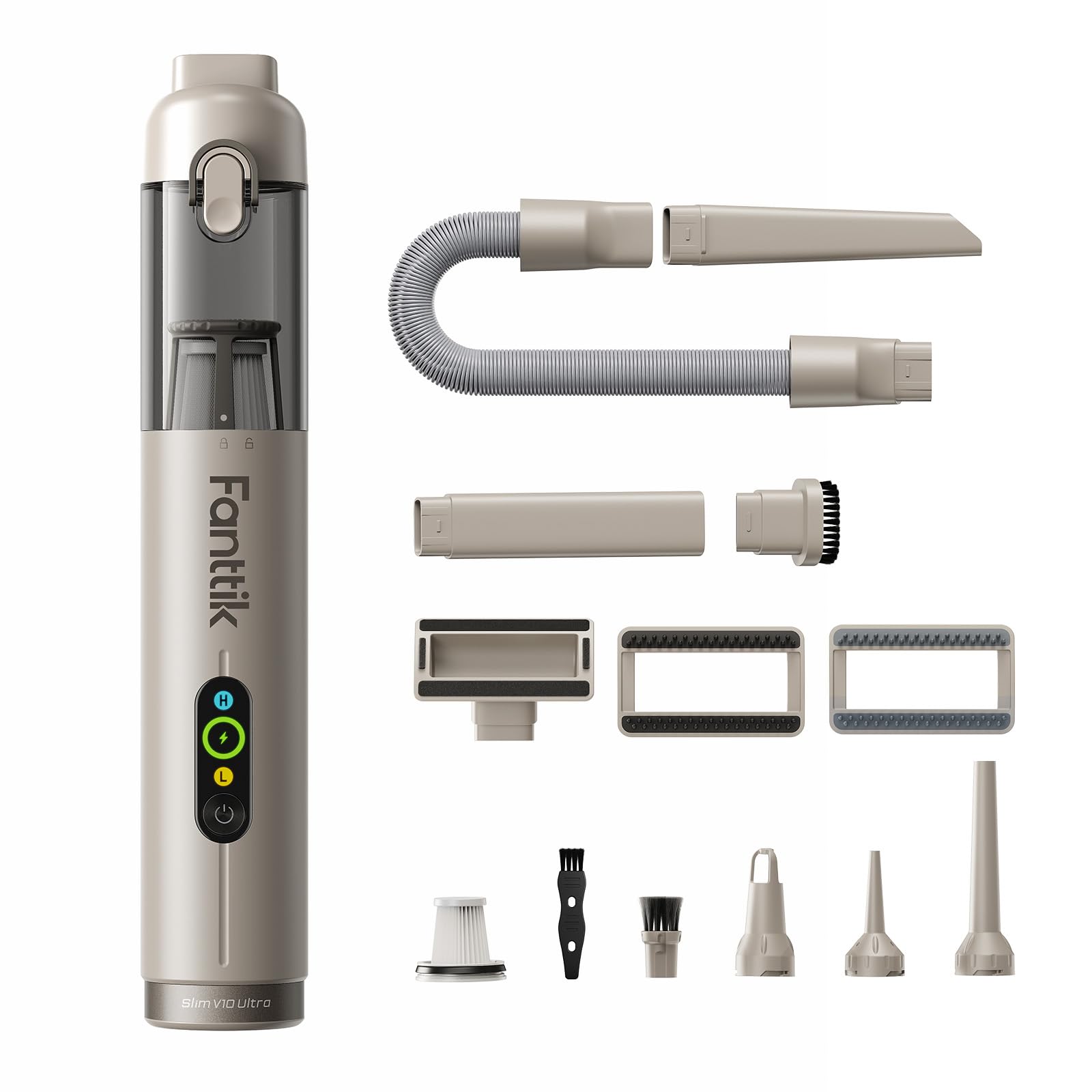 مکنده خودروی بی‌سیم فانتیک اسلیم V10 الترا، مینی متنقل و قابل حمل 4 در 1، دارای قدرت مکش 19kPa، صفحه نمایش دیجیتال هوشمند به‌روزشده، 2 حالت مکش برای کارهای کوچک، خودرو، میز اداری، صفحه کلید (رنگ قهوه‌ای)