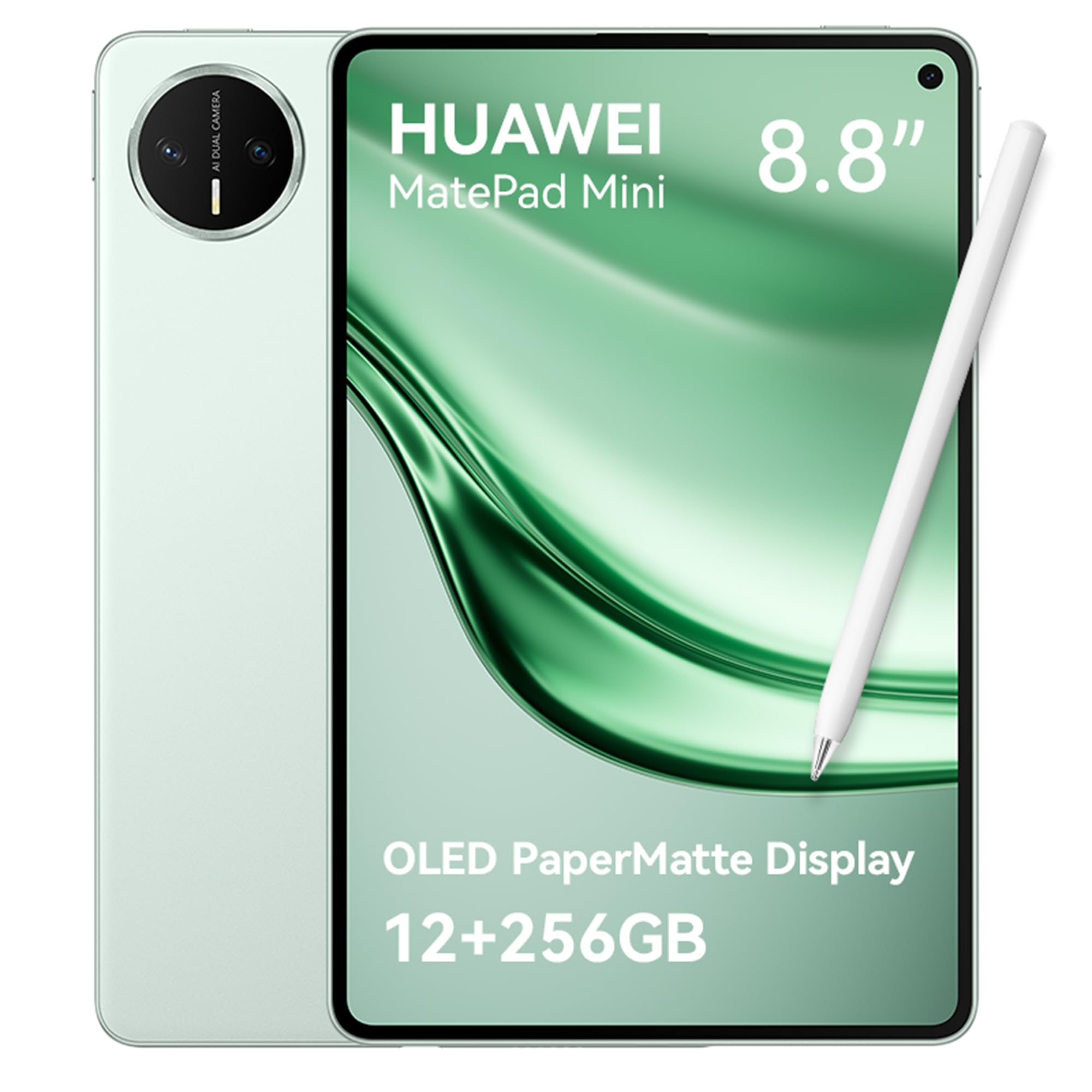 تبلت HUAWEI MatePad Mini، نمایشگر اولد انعطاف پذیر 8.8 اینچی PaperMatte، روشنایی اوج 1800 نیت، وزن 255 گرم، ضخامت 5.1 میلی‌متر، 256 گیگابایت حافظه داخلی و 12 گیگابایت رم، باتری 6400 میلی‌آمپر، شارژ سوپر 66 وات، دوربین جلویی 32 مگاپیکسل، 2026 (سبز) + جایگاه اختصاصی 12+256 گیگابایت (جلد سبز)