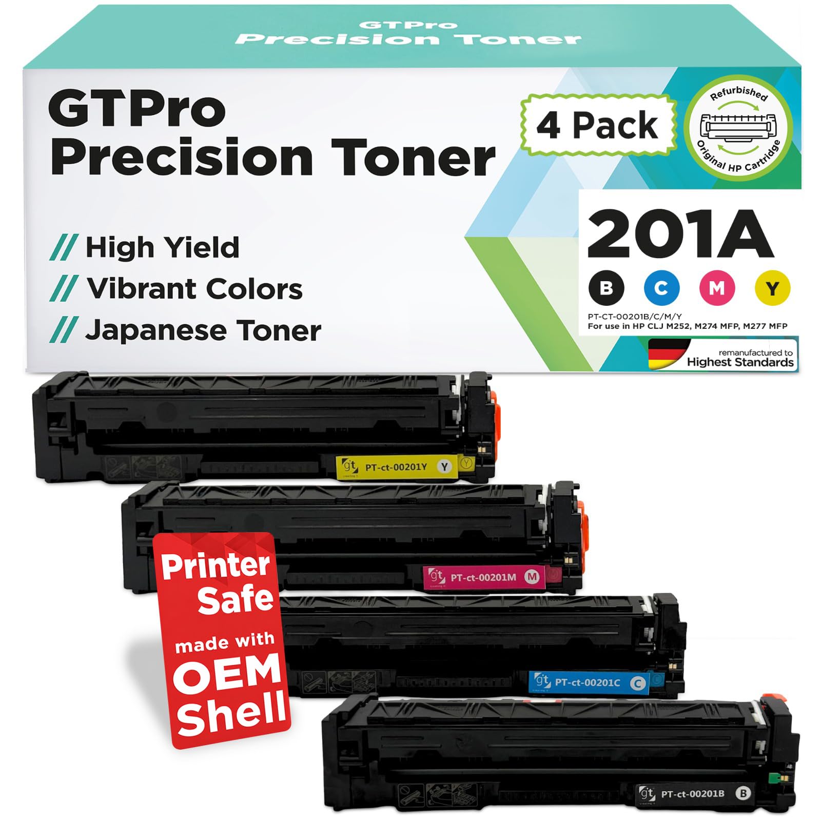 جوهرگذار لیزر GTPro 201A سازگار با CF400A 201A - سازگار با HP Color LaserJet Pro M252dw M277dw M252n M277n MFP (بلک، سیان، زرد، مگنتا) - بسته ۴ تایی چندرنگ - بسته ۴ تایی 201A