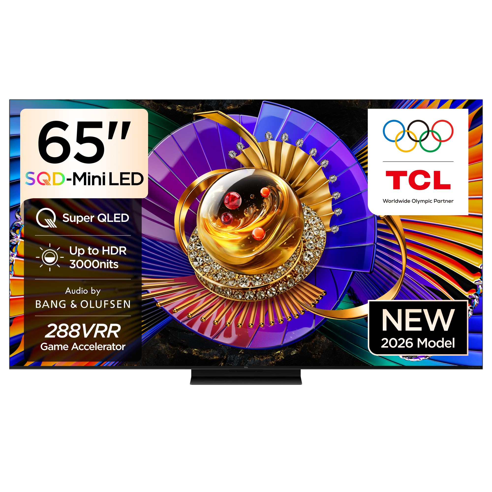 تلویزیون TCL 65C7L، تلویزیون هوشمند 65 اینچی 4K با فناوری SQD-Mini LED، رنگارنگ و شفاف کوانتوم با کیفیت بالا HDR Gaming Google TV، نرخ تازه‌سازی طبیعی 144Hz، صدا به وسیله Bang & Olufsen، Dolby Atmos، بازی مستر (مدل 2026) 65 اینچ تلویزیون با فناوری SQD-Mini LED و شدت نور 3,000 نیت.