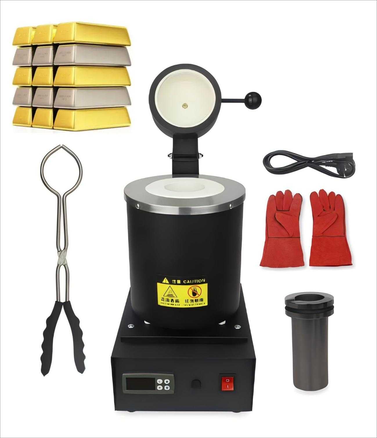 قلاب ذوب طلا دیجیتال 1750 وات، دستگاه ریخته‌گری برقی 1150℃/2102℉ با قلب آهنگری گرافیتی برای طلا، نقره و فولاد - قلاب ذوب اتوماتیک فولاد سیاه (1 کیلوگرم)