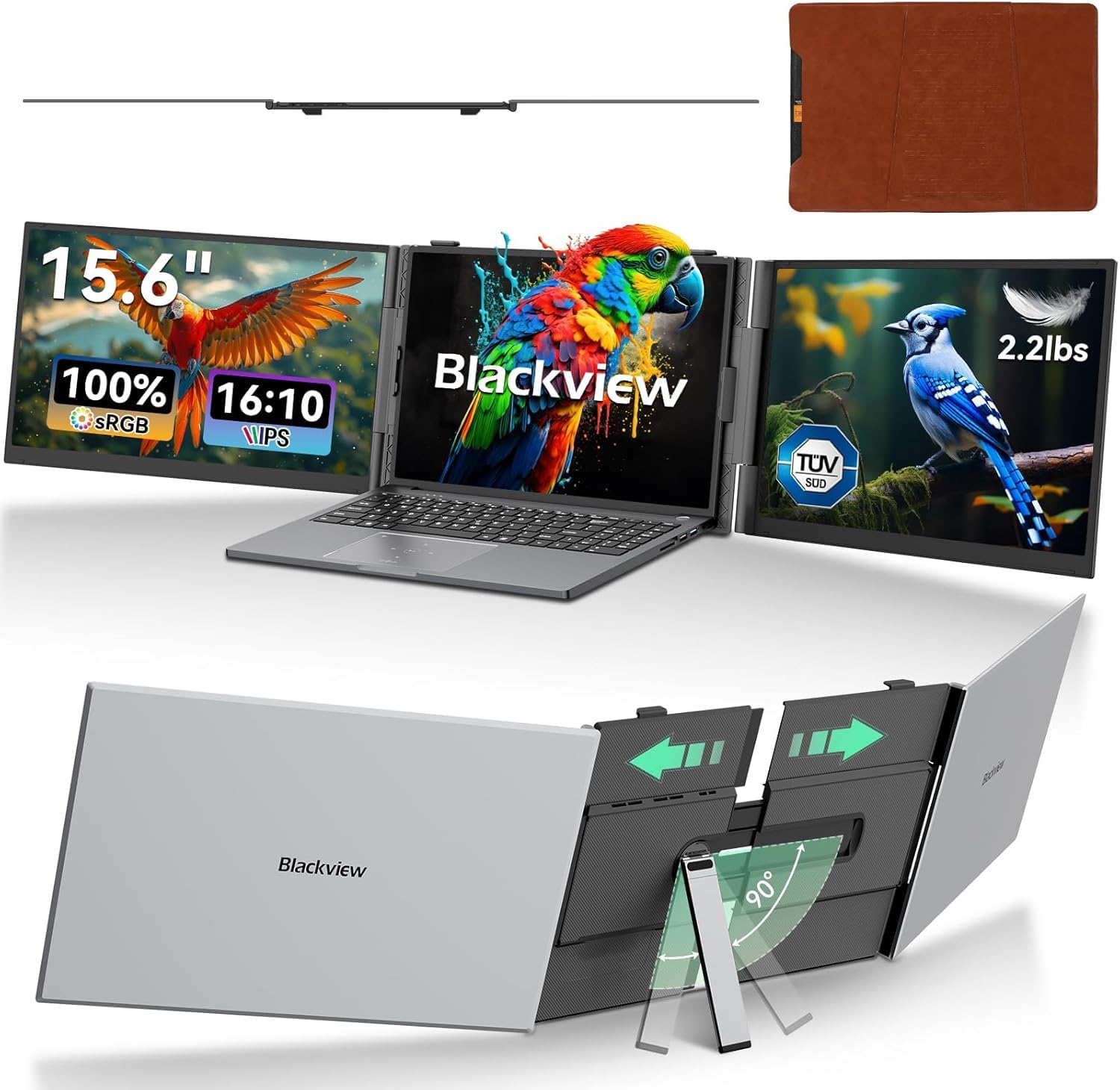 مترجم سه‌تایی صفحه نمایش لپتاپ Blackview، مانیتور قابل حمل ۱۵٫۶ اینچی [FHD ۱۰۸۰P TÜV SÜD و فوق العاده نازک]، دو کابل USB C برای مسافرت لپتاپ ۱۴-۱۷ اینچی، پلاگ اند پلی سازگار با ویندوز/مک/کروم OS DCM8 ۱۵٫۶ اینچ سه‌تایی