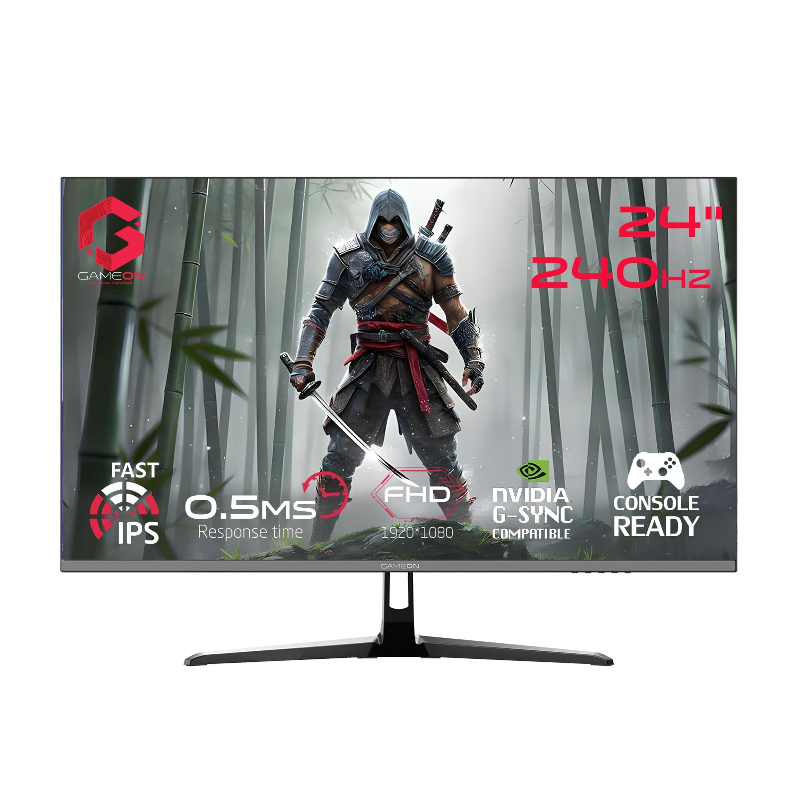 مانیتور بازی ۲۴ اینچی FHD IPS مدل GAMEON، با نرخ تازه‌سازی ۲۴۰Hz، زمان پاسخگویی ۰.۵ میلی‌ثانیه، فناوری HDR10، قابلیت FreeSync و Adaptive Sync، پورت HDMI 2.1، DisplayPort 1.4، 99% پوشش sRGB، اسپیکرهای داخلی، قابلیت نصب VESA