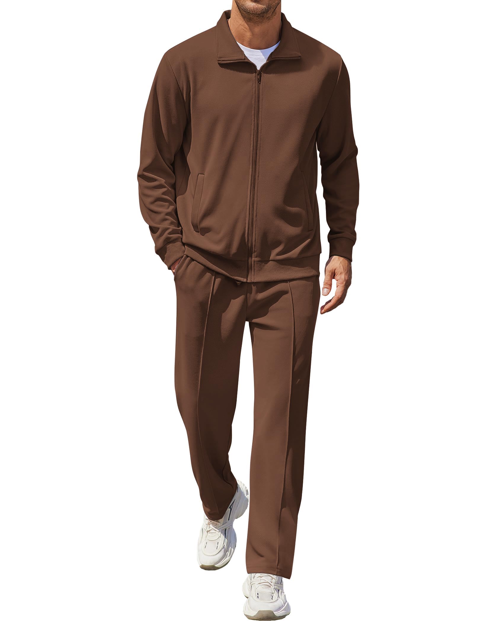 COOFANDY Men's Casual Sweatsuit 2 Piece Athletic Full Zip Tracksuit Jacquard Jogging Set Fashion Jackets And Pants Outfit Brown L