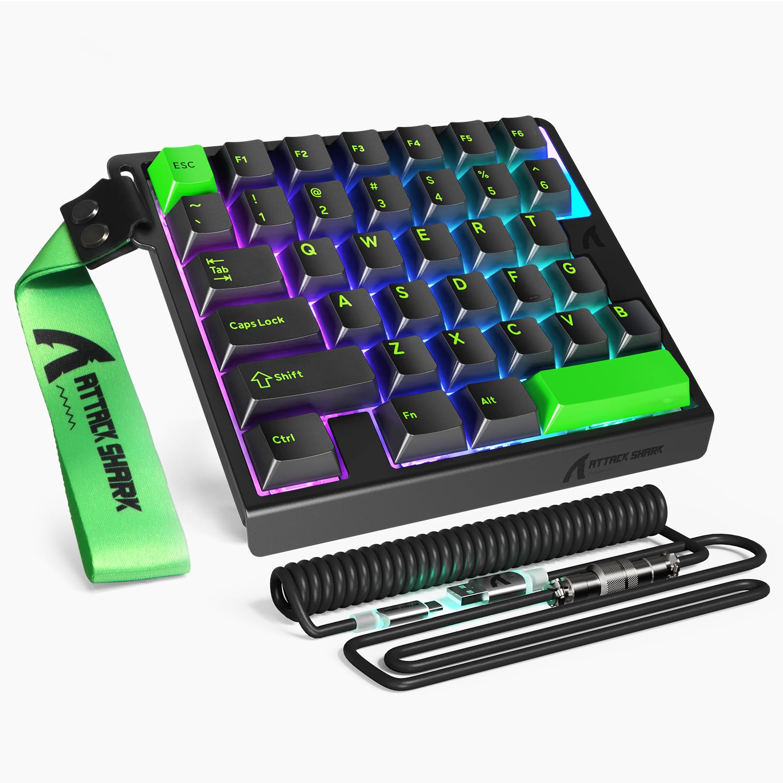 کیبورد بازی ATTACK SHARK M36 HE 34% با کابل آویاتور RGB C01ULTRA، سوئیچ‌های مغناطیسی، تریگر سریع، 8000Hz، قابل حمل و کوچک، صدای HiFi 5 لایه، کی‌کپ‌های PBT، درایور وب (سبز فسفری)