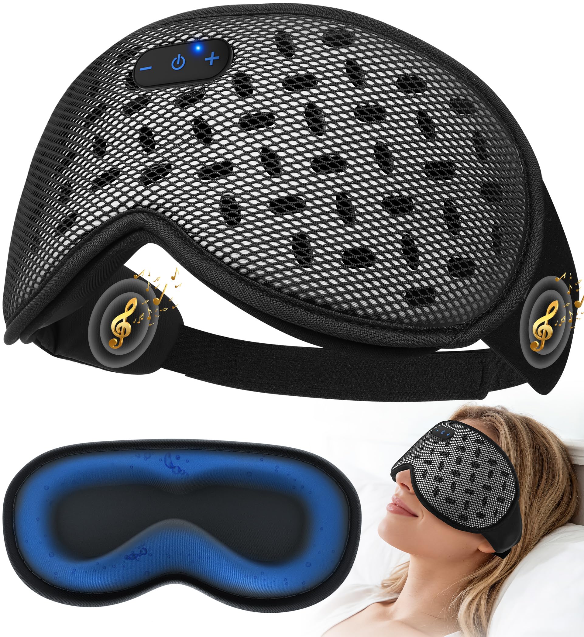 MUSICOZY Bluetooth sleep mask, cooling weight eye mask with Bluetooth headphones for side sleepers, relaxing 3D contour without pressure to block light for Grid Black