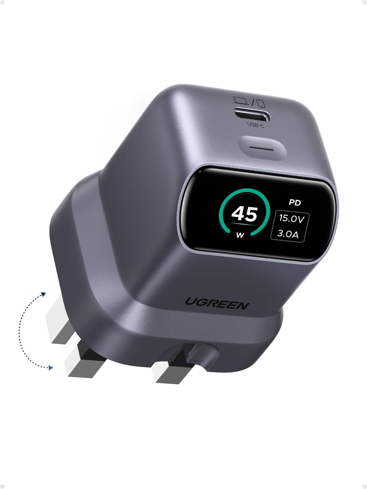 شارژر UGREEN Nexode Pro 45W برای آیفون، شارژر سریع GaN Type C، نمایشگر هوشمند