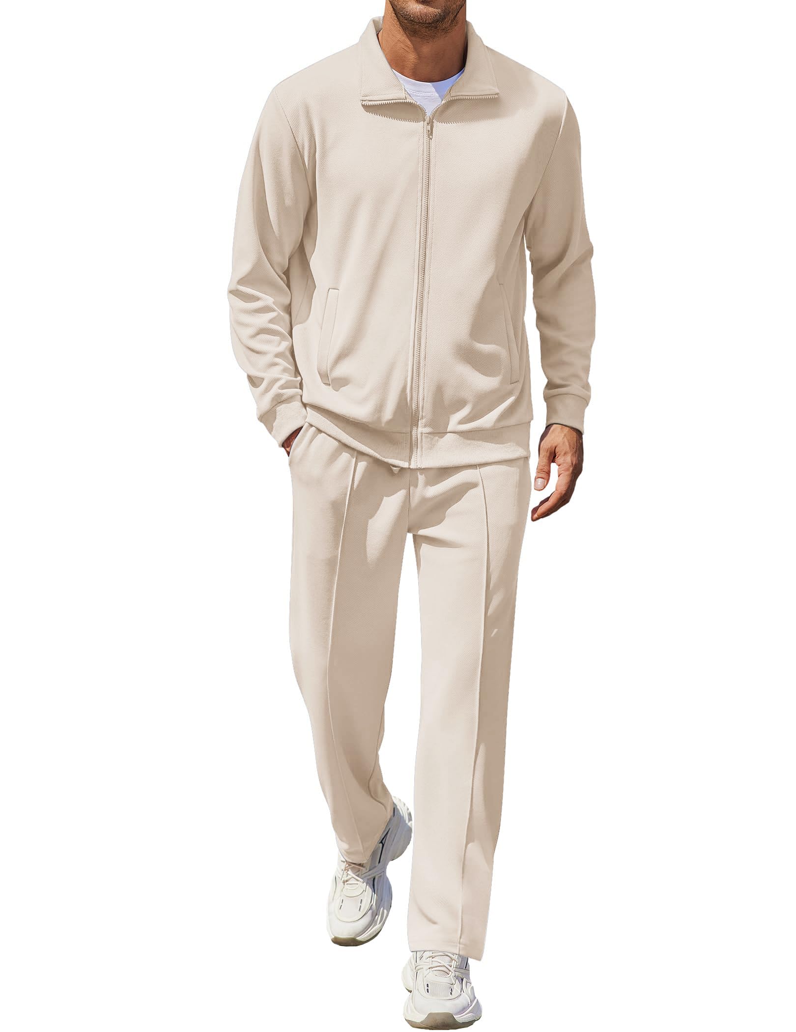 COOFANDY Men's Casual Sweatsuit 2 Piece Athletic Full Zip Tracksuit Jacquard Jogging Set Fashion Jackets And Pants Outfit Cream L