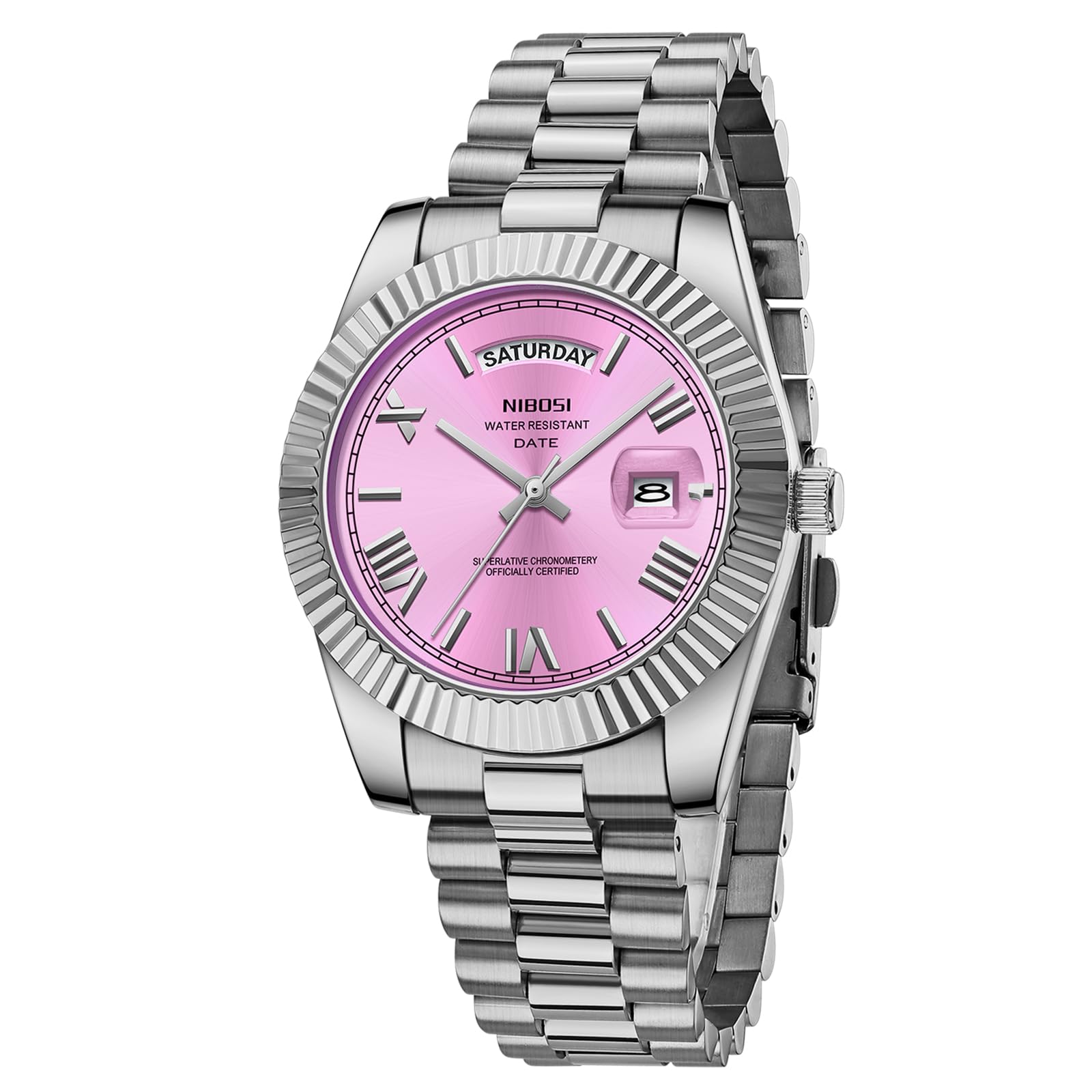 NIBOSI Men's Watches Analog Minimalist Black Dial Watches for Men Business Chronograph Military Casual Wrist Watches Stainless Steel Strap Date A-silver pink